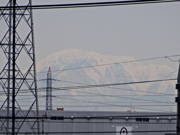 小牧原駅ホームから見えた、雪を戴く(たぶん)伊吹山 - 2