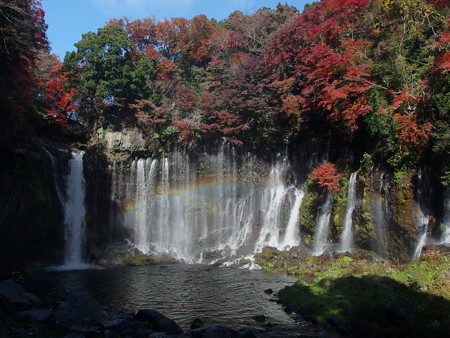 虹がかかる白糸の滝