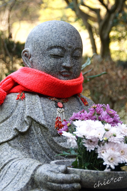 菊を抱かれた花想い地蔵さま・・