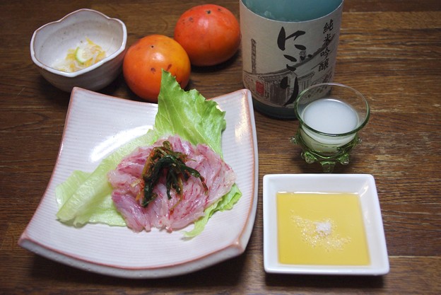 IMGP3322東広島市、賀茂鶴純米吟醸にごり、赤エイの造り